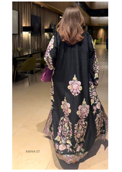 Luxury Floral Embroidered Black Silk Abaya