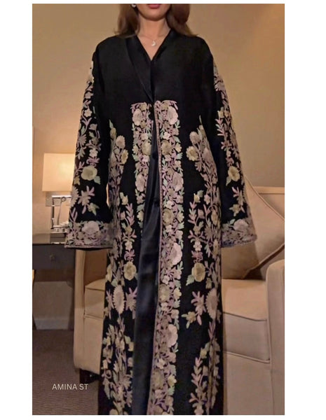 Luxury Floral Embroidered Black Silk Abaya
