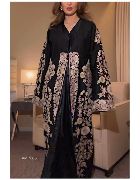 Luxury Floral Embroidered Black Silk Abaya