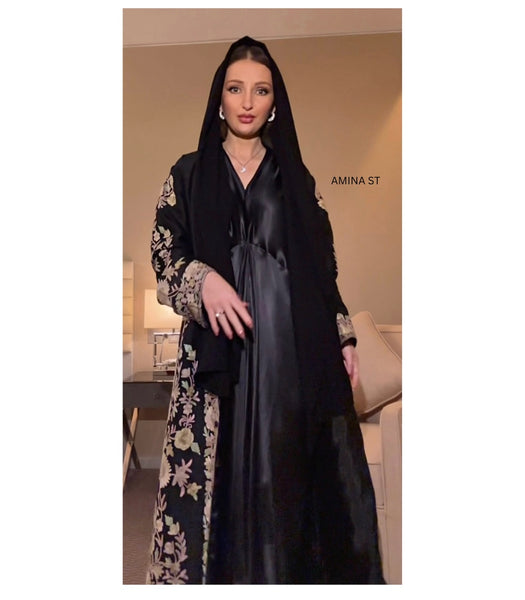 Luxury Floral Embroidered Black Silk Abaya