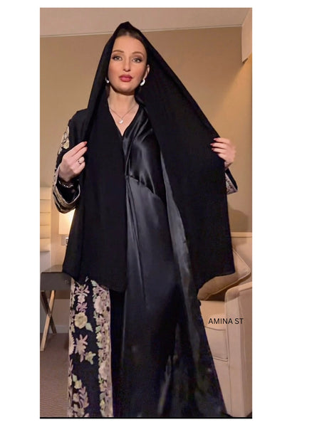 Luxury Floral Embroidered Black Silk Abaya