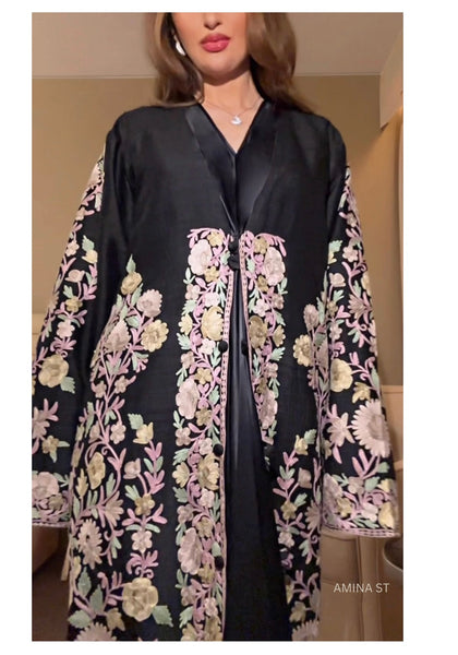 Luxury Floral Embroidered Black Silk Abaya